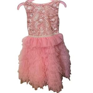 Badgley Mischka Girls Pink Lace Tulle Ruffle Flower Girl Formal Dress Size 6